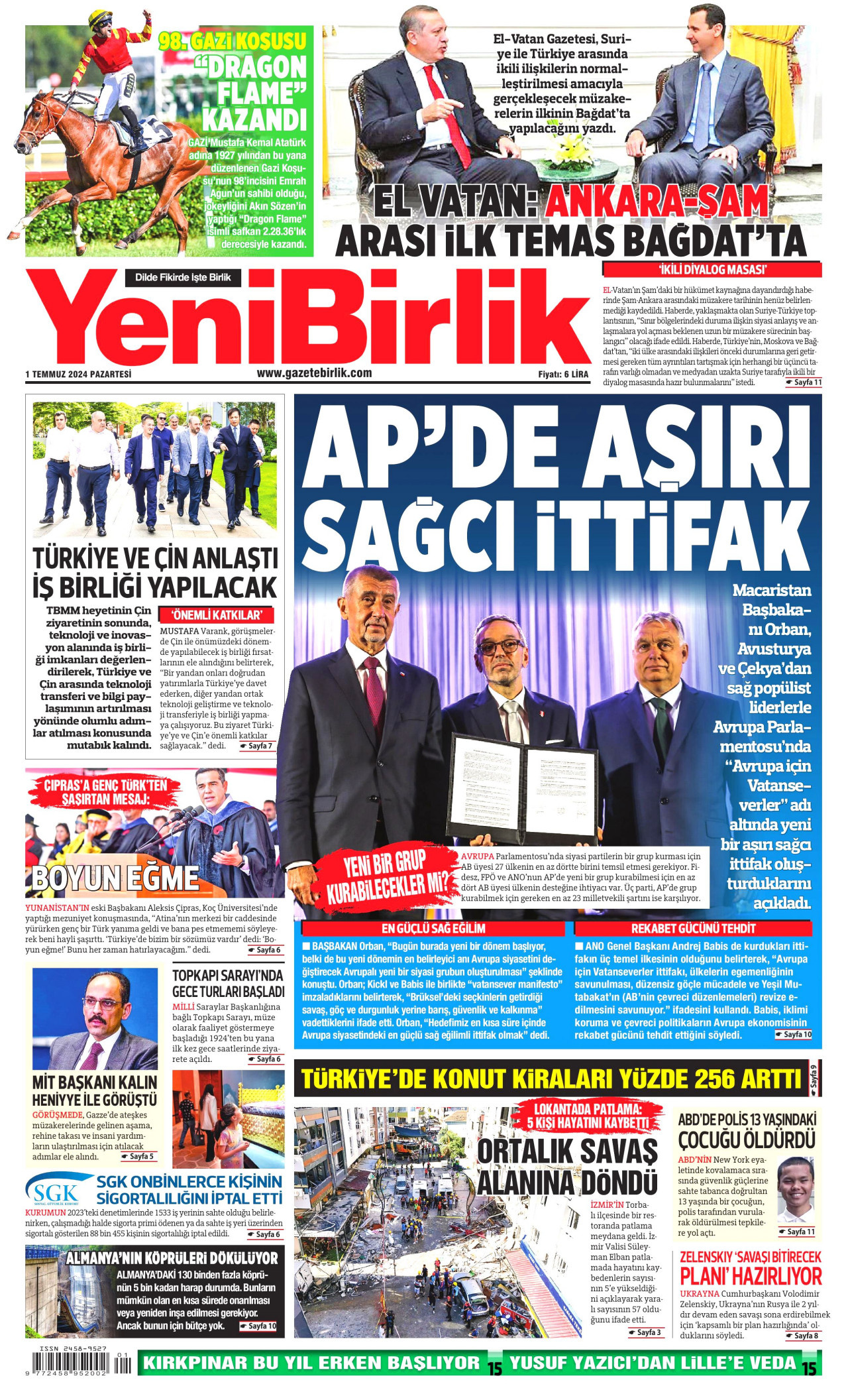 YENİBİRLİK 1 Temmuz 2024 Gazete Manşeti Büyük