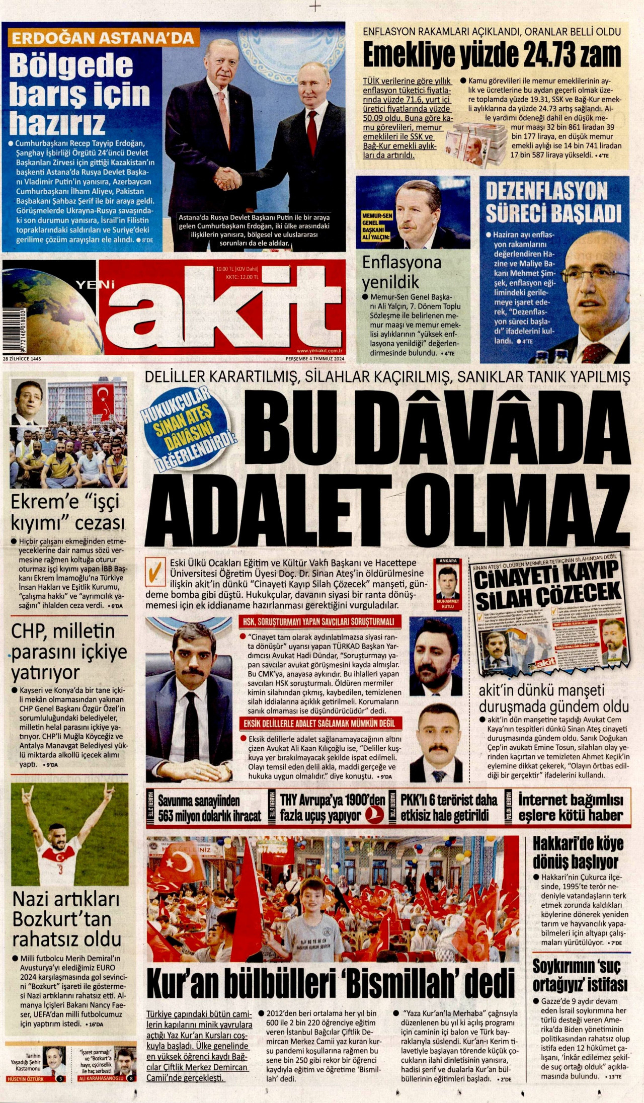 YENİ AKİT 4 Temmuz 2024 Gazete Manşeti Büyük