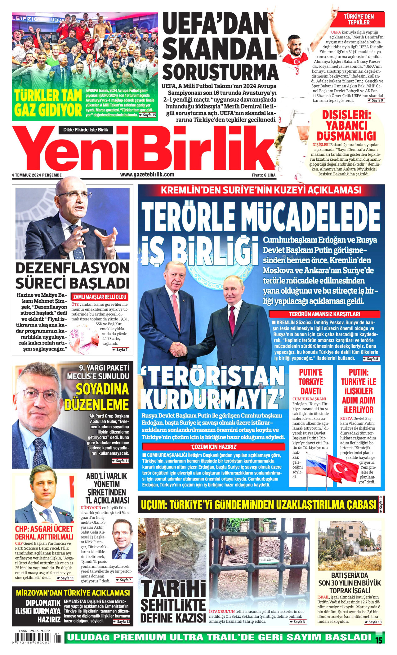 YENİBİRLİK 4 Temmuz 2024 Gazete Manşeti Büyük