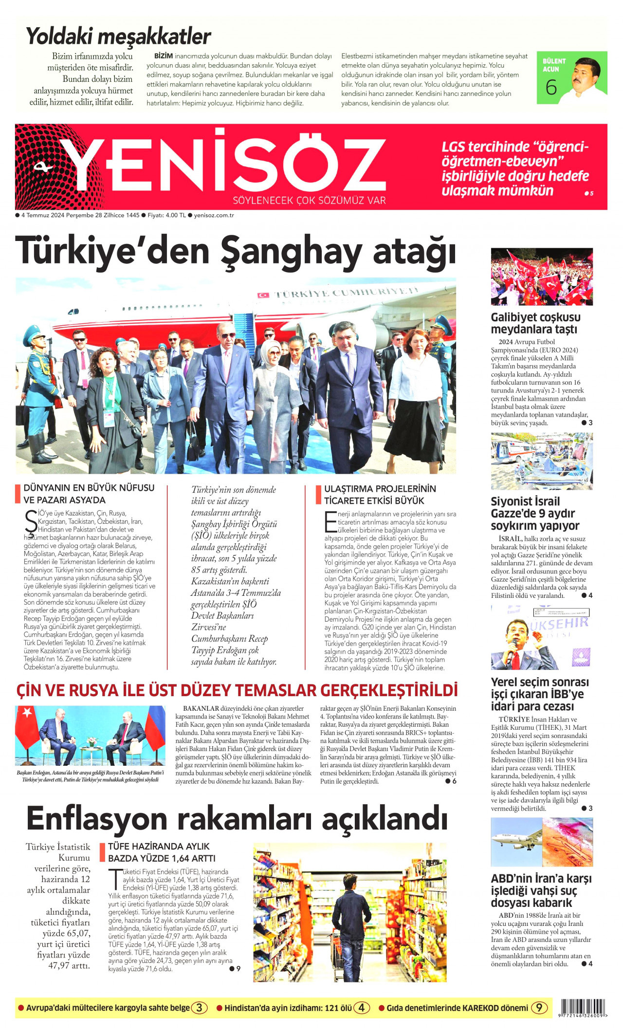 YENİ SÖZ GAZETESİ 4 Temmuz 2024 Gazete Manşeti Büyük