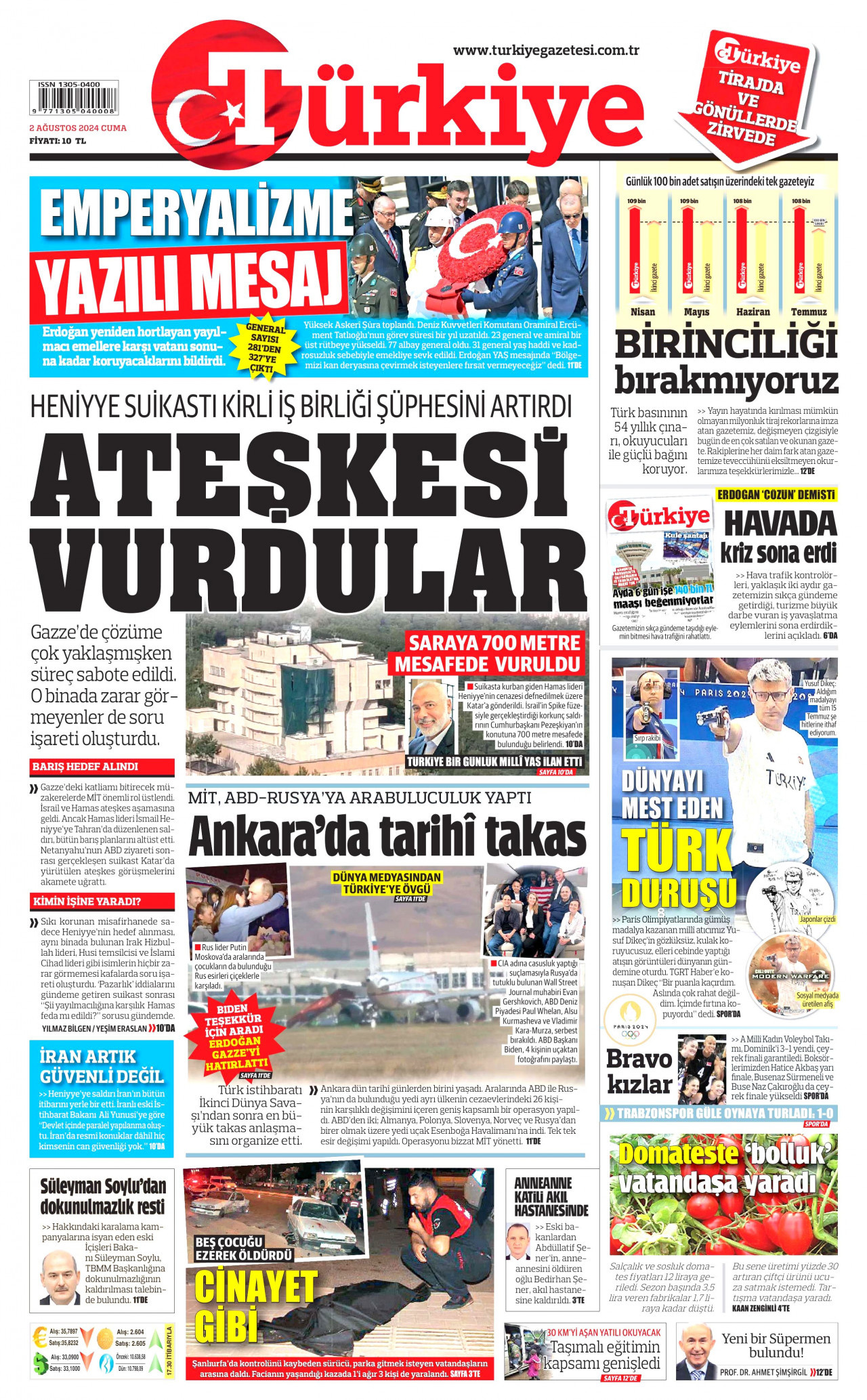 TÜRKİYE GAZETESİ 2 Ağustos 2024 Gazete Manşeti Büyük