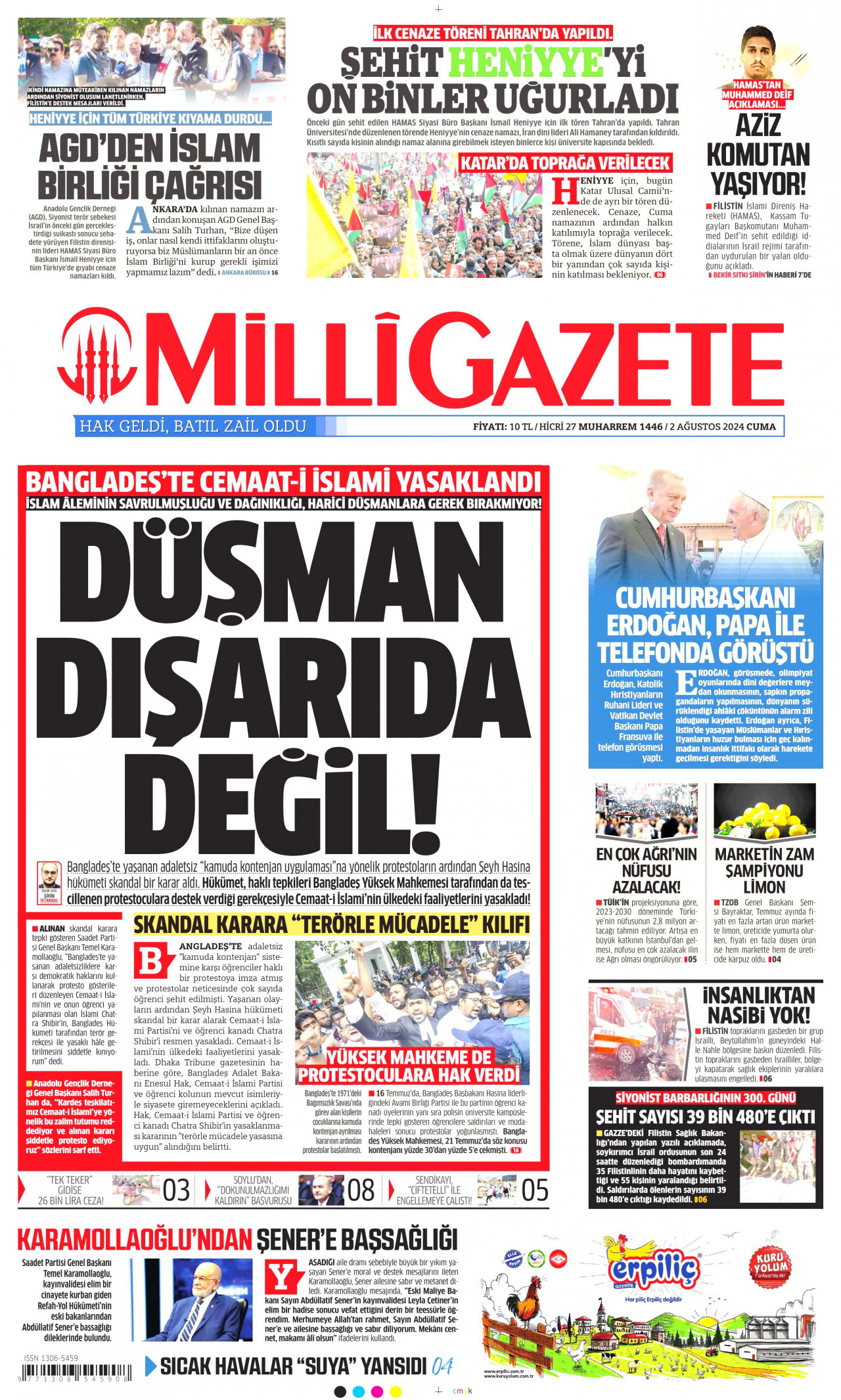 MİLLİ GAZETE 2 Ağustos 2024 Gazete Manşeti Büyük