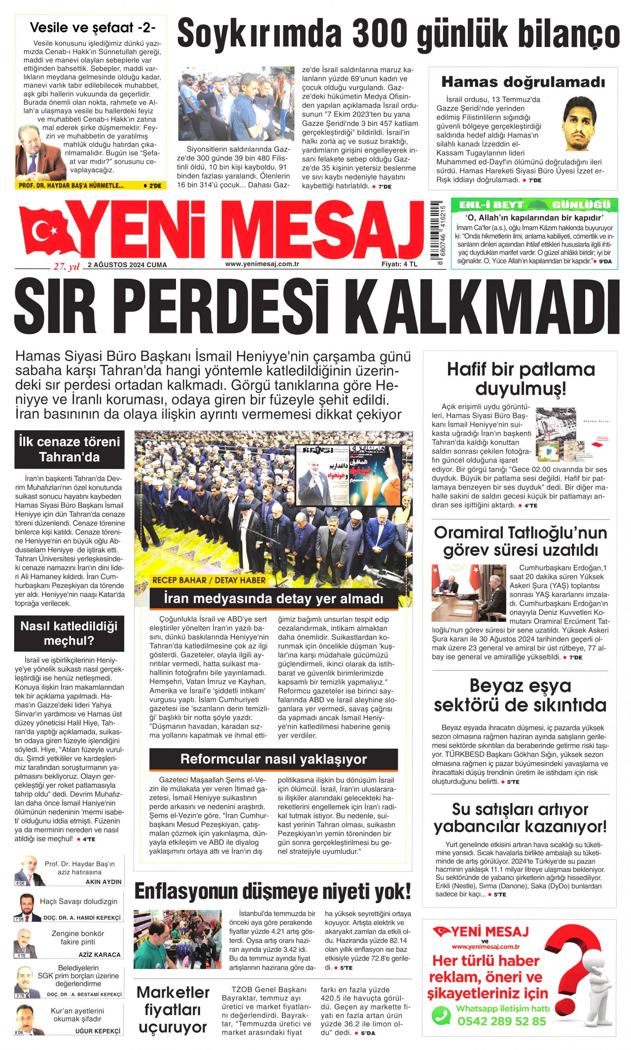 YENİ MESAJ 2 Ağustos 2024 Gazete Manşeti Büyük