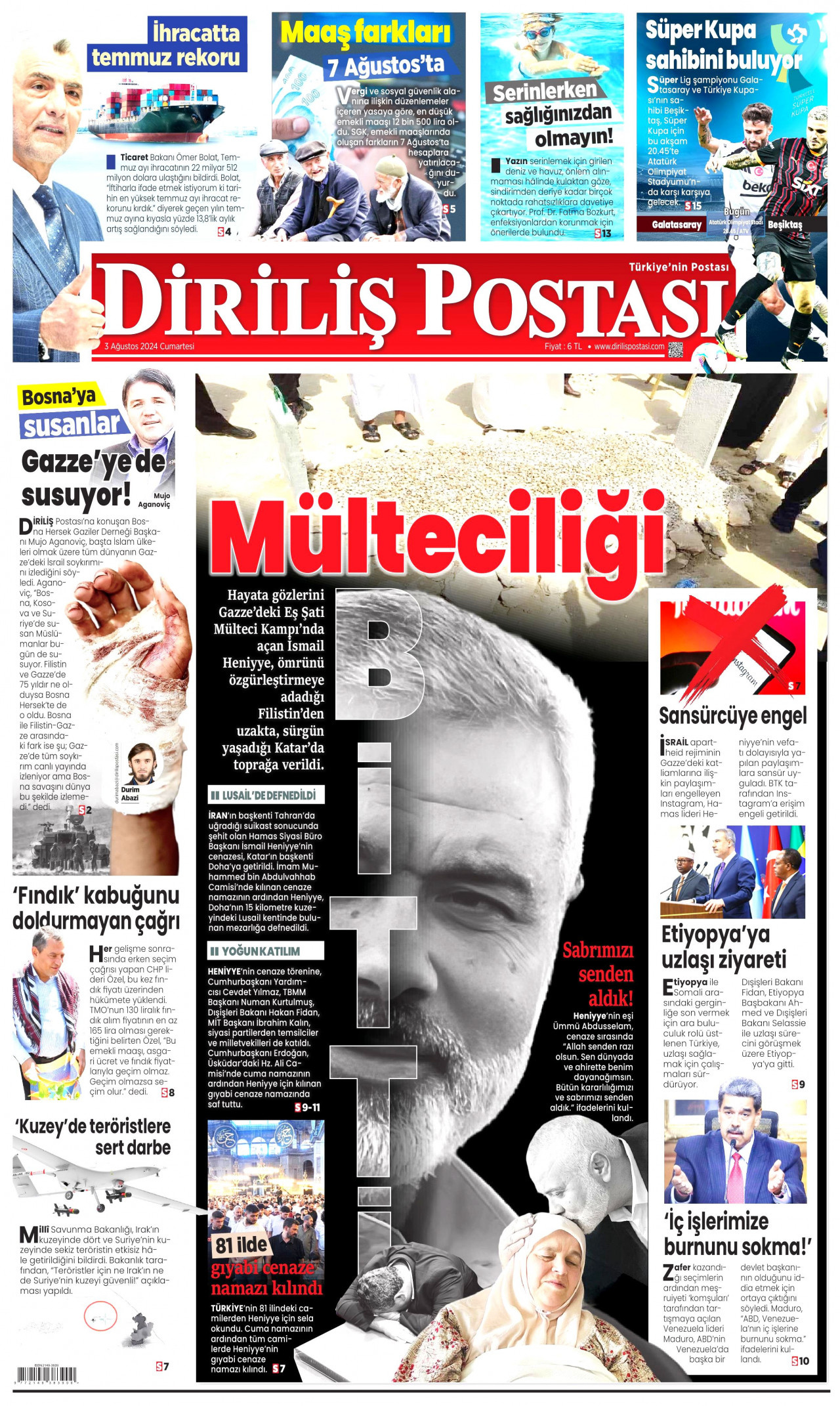 DİRİLİŞ POSTASI 3 Ağustos 2024 Gazete Manşeti Büyük