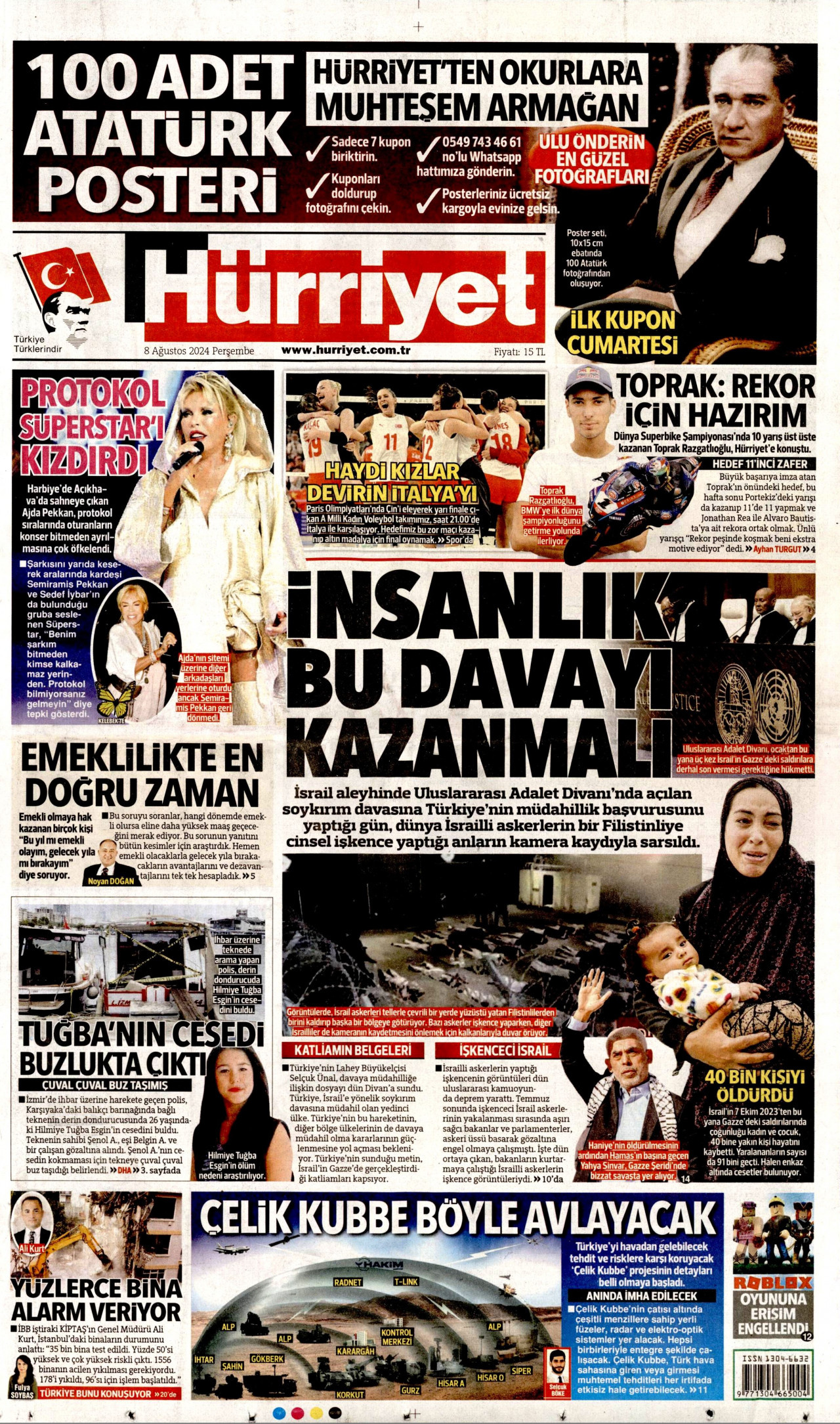 HÜRRİYET 8 Ağustos 2024 Gazete Manşeti Büyük