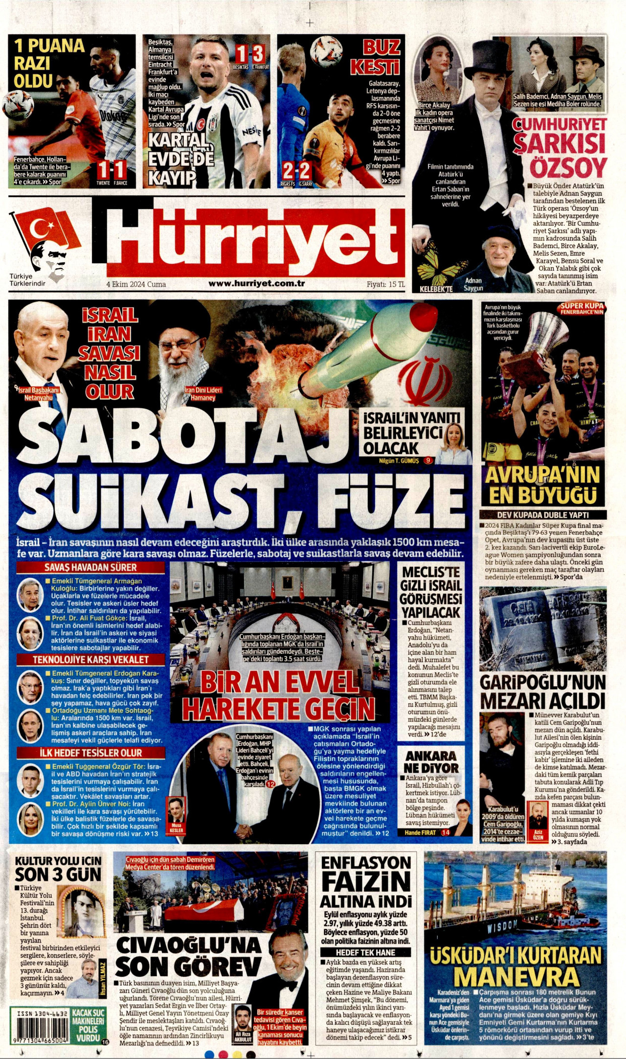 HÜRRİYET 4 Ekim 2024 Gazete Manşeti Büyük